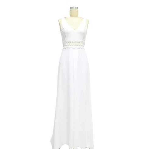 Summer New Sleeveless V-neck Slim Casual Lace Elegant Long Jumpsuit Clothes For Women White Jumpsuits For Women Korean Fashion - ROUTINE FASHION