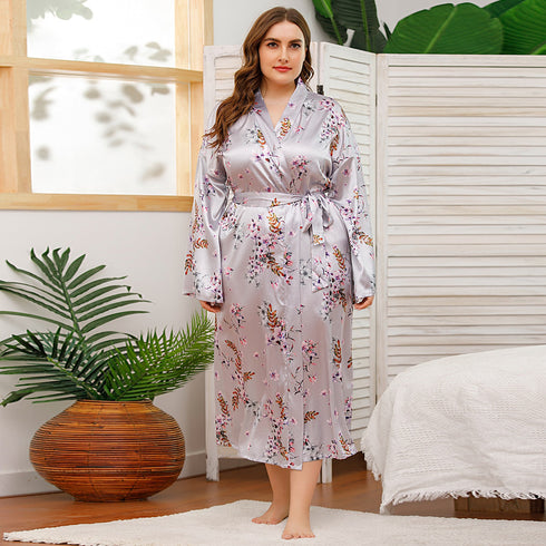 Long Robes For Women Flower Print Bathrobe V-neck Silk Sleepwear - ROUTINE FASHION