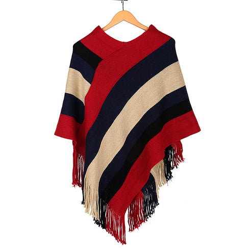 Color Blocking Striped Knitted Women Cape Shawl - ROUTINE FASHION