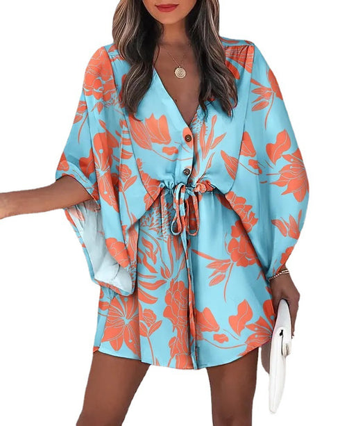 Women's V-Neck Tie Printed Beach Dress - ROUTINE FASHION