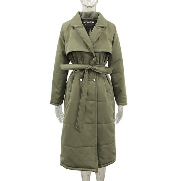 Long Down Collar Parkas Women Coat Tie Belt Jackets Ladies - ROUTINE FASHION