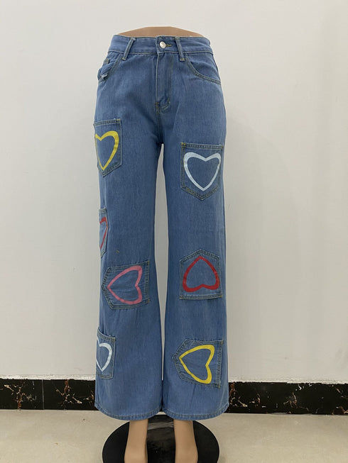 Multi-pocket Colorful Heart Print Jeans Women's Flared Pants - ROUTINE FASHION