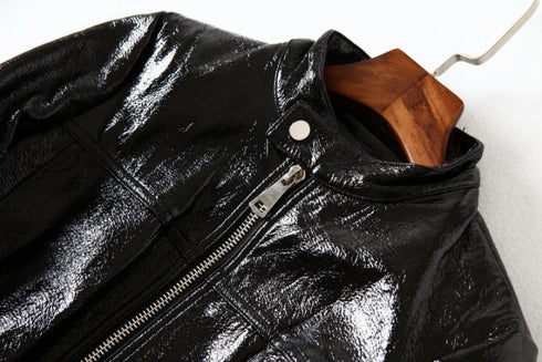 Black Bright Leather PU Short Motorcycle Leather Jacket Women's Jacket - ROUTINE FASHION