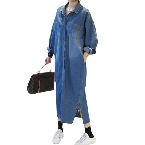 Fashion Denim Long Slit Loose Denim Shirt Jacket - ROUTINE FASHION