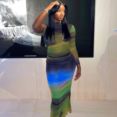 Long Sleeve Printed Medium Length Pencil Skirt - ROUTINE FASHION