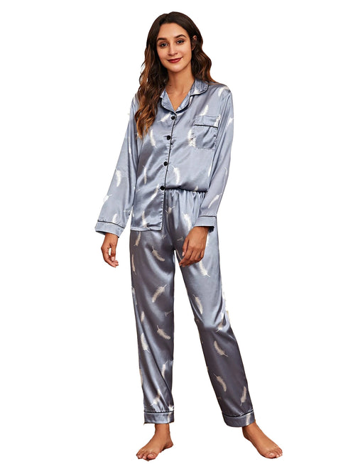 Women's Print Pajama Set Long Sleeve Tops And Pants Loungewear Sleepwear - ROUTINE FASHION