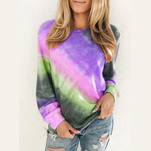 Fashion Tie Dye Rainbow Casual Long Sleeve T-shirt for Women - ROUTINE FASHION