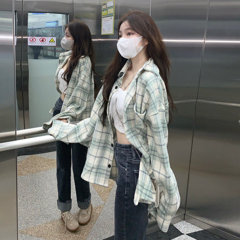 Green Check Shirt Top Lazy Loose Polo Collar Women's - ROUTINE FASHION