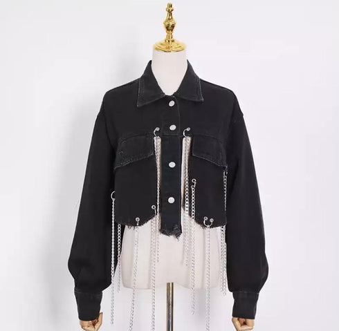 Short Frayed Denim Jacket Women Chain Fashion Style - ROUTINE FASHION