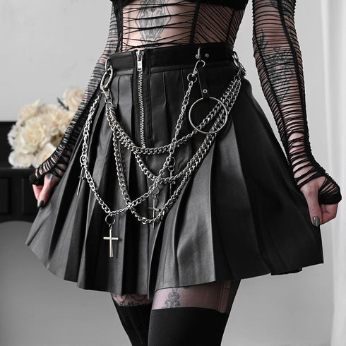 Dark Punk Chain Pleated Pu Leather Skirt - ROUTINE FASHION