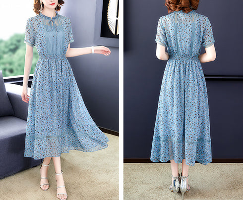 Chiffon Dress Summer Fairy Chic Gentle Short-sleeved Mid-length Floral Skirt - ROUTINE FASHION
