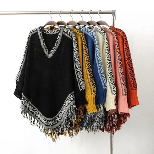 Fringed Cape Jacket With Hem Solid Color Sweater Shawl Sweater - ROUTINE FASHION