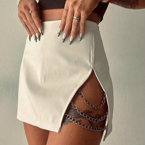 Summer Spice Fashion Chain Split Leather Skirt - ROUTINE FASHION