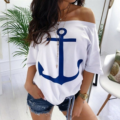 Loose Shoulder Bat Shirt Printed T-Shirt Women - ROUTINE FASHION