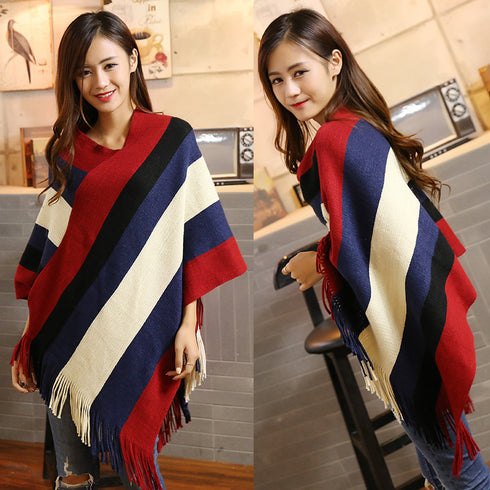 Color Blocking Striped Knitted Women Cape Shawl - ROUTINE FASHION