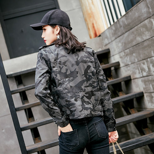 Lapel Short Camouflage Leather Bomber Jacket - ROUTINE FASHION