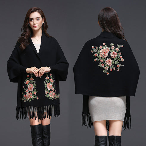 Shawl Women Embroidered Outer Cape Cloak Thick Sweater Coat - ROUTINE FASHION