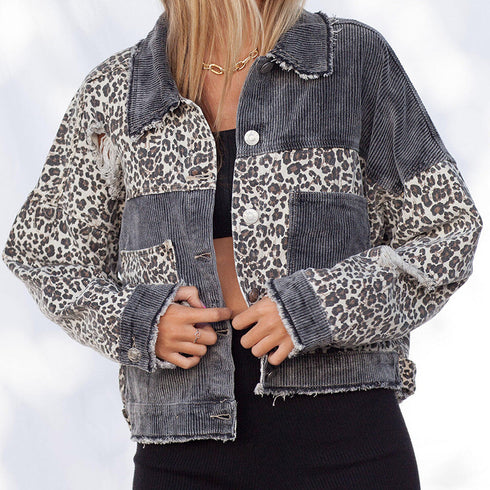 Leopard Stitching Corduroy Denim Women Jacket - ROUTINE FASHION