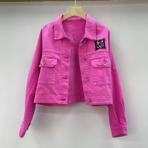 Printed Rose Red Denim Short Jacket Women Spring And Autumn - ROUTINE FASHION