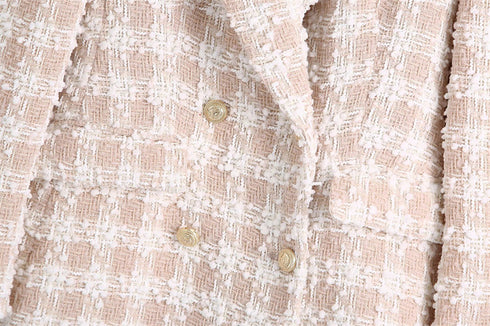 Lapel Long Sleeved Double Breasted Check Blazer Women - ROUTINE FASHION