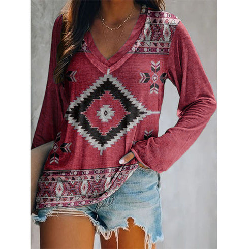 Top Ethnic Orientation Print Long Sleeve T-Shirt Women - ROUTINE FASHION