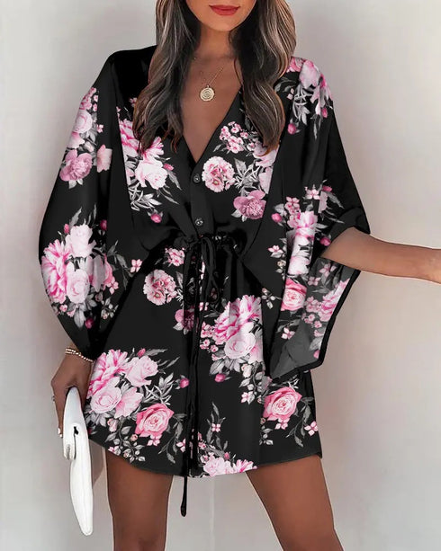 Women's V-Neck Tie Printed Beach Dress - ROUTINE FASHION