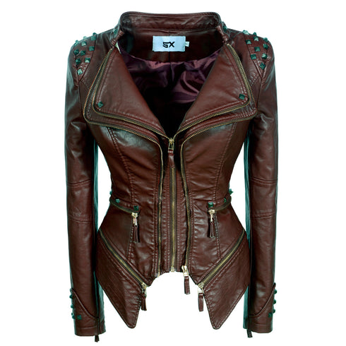 Women's Rivet Slim Washed Leather Motorcycle Jacket - ROUTINE FASHION