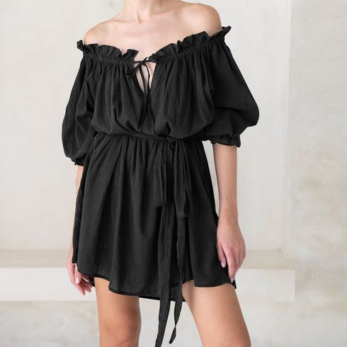 New Plain Fashion Women's Casual Loose A Collar Lanyard Sexy Ruffle Dress Short Dress - ROUTINE FASHION