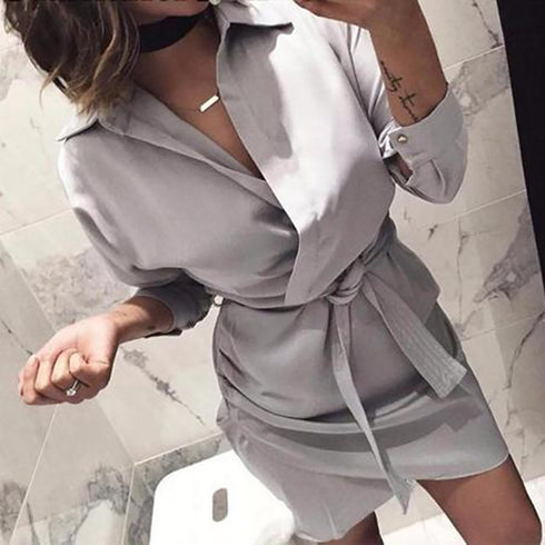 Women's Belt Irregular Solid Color Shirt Dress - ROUTINE FASHION
