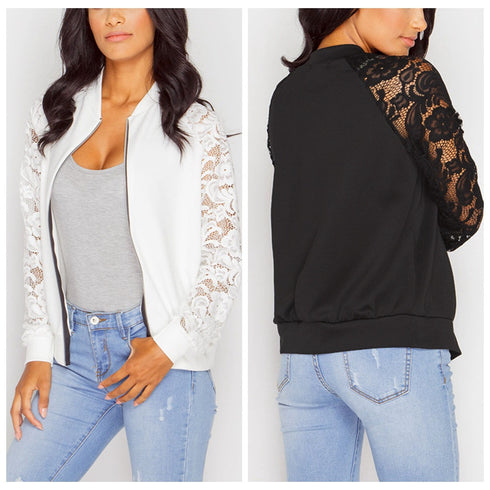 Women Bomber Jacket With Lace - ROUTINE FASHION