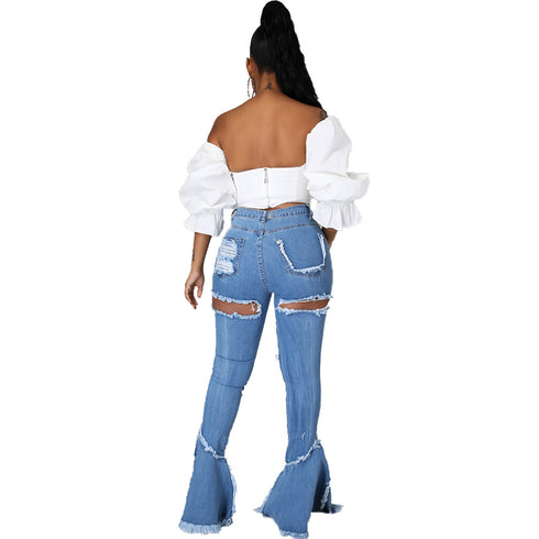 Raw-edged Ripped Flared Jeans - ROUTINE FASHION