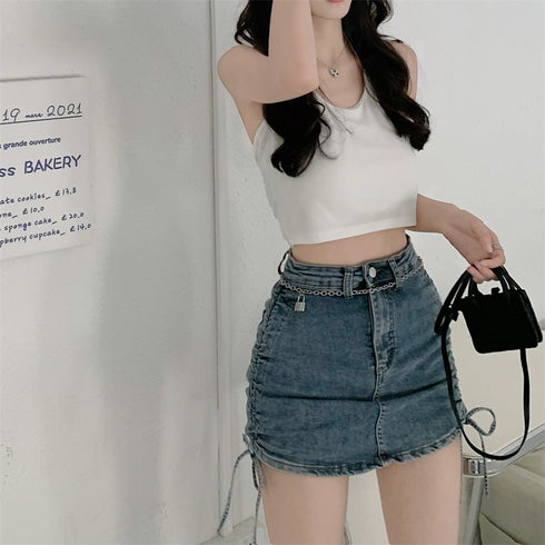 A-line Skirt High Waist Bag Hip Drawstring Denim Skirt - ROUTINE FASHION