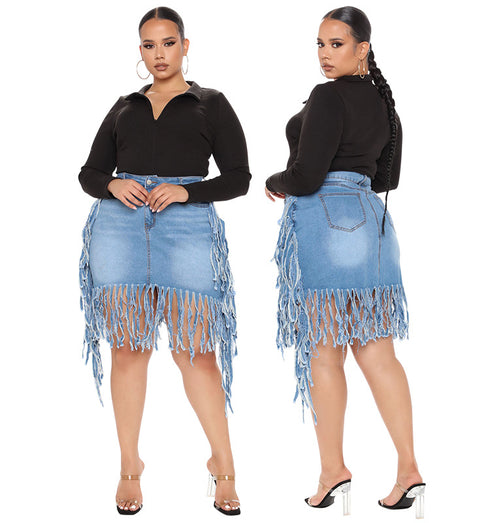 Women's Spring Denim Skirt With Fringe - ROUTINE FASHION