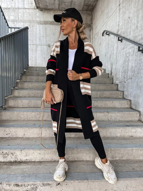 Women's Long Cardigan Striped European And American Style Women Knitted Sweater - ROUTINE FASHION