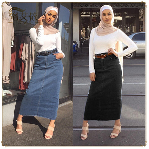 Long Stretch Denim Bag Hip Skirt - ROUTINE FASHION