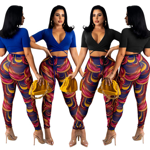 Sexy Mesh Printed Trousers Women Two-Piece Suit - ROUTINE FASHION