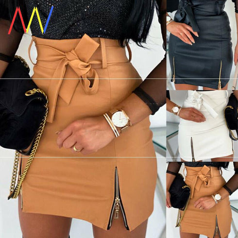 Women Bandage PU Leather Skirt Ladies Short Mini Skirts - ROUTINE FASHION