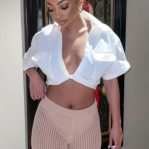 Women's Crop Navel Twist Solid Polo Collar Shirt T-Shirt Top - ROUTINE FASHION