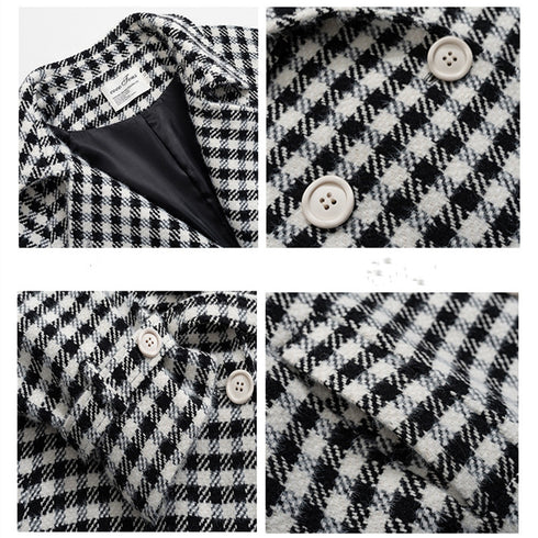 Women's Winter Classic Black And White Lattice Long Thick Woolen Coat - ROUTINE FASHION