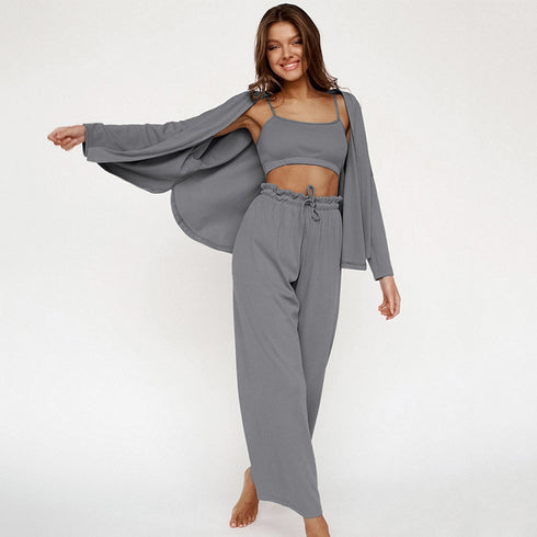 Women's Fashion Solid Color Pajamas Undershirt Three-piece Set - ROUTINE FASHION